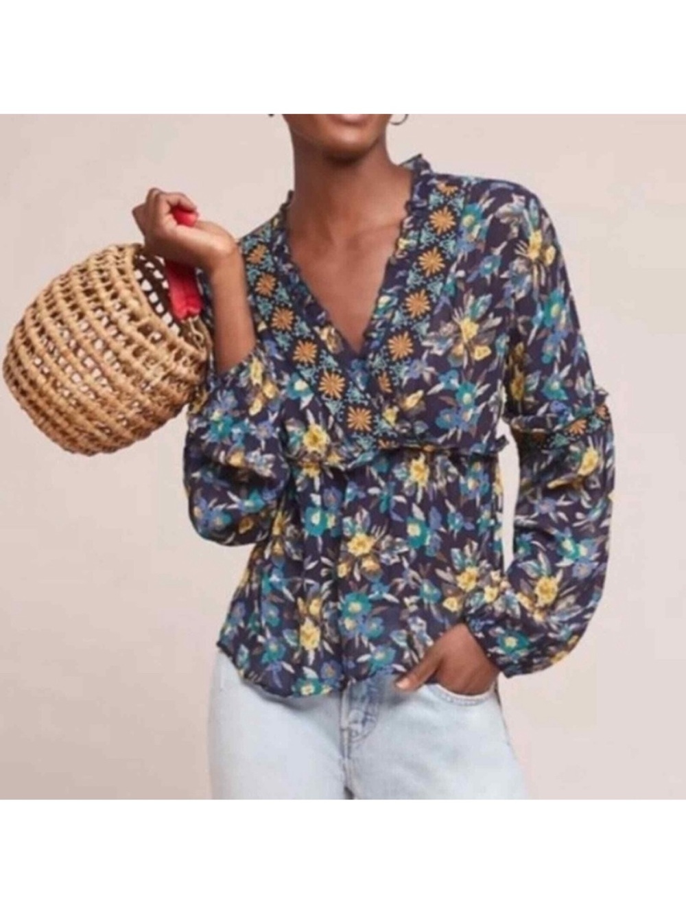 Anthropologie Navy Floral V-Neck Ruffle Blouse XL